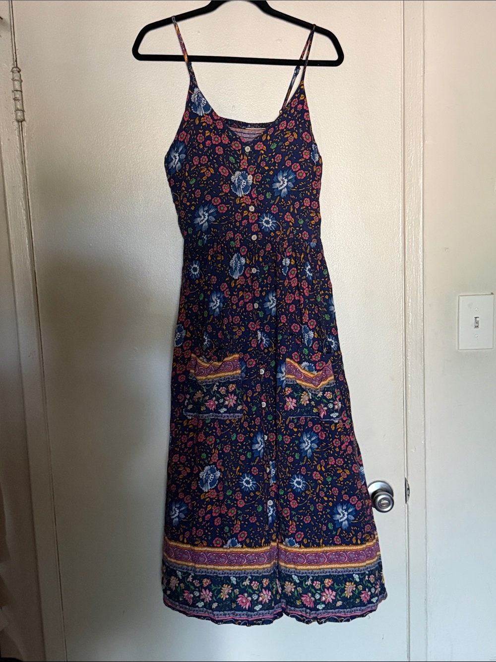 Navy Floral Maxi Dress with Pink & Blue Accents